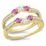 0.80 Carat (ctw) 14K Yellow Gold Round Cut Pink Sapphire & White Diamond Ladies Anniversary Wedding Band 3 Stone Enhancer Guard Double Ring 3/4 CT