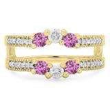 0.80 Carat (ctw) 14K Yellow Gold Round Cut Pink Sapphire & White Diamond Ladies Anniversary Wedding Band 3 Stone Enhancer Guard Double Ring 3/4 CT