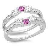 0.80 Carat (ctw) 18K White Gold Round Cut Pink Sapphire & White Diamond Ladies Anniversary Wedding Band 3 Stone Enhancer Guard Double Ring 3/4 CT
