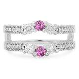 0.80 Carat (ctw) 18K White Gold Round Cut Pink Sapphire & White Diamond Ladies Anniversary Wedding Band 3 Stone Enhancer Guard Double Ring 3/4 CT