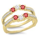 0.80 Carat (ctw) 14K Yellow Gold Round Cut Ruby & White Diamond Ladies Anniversary Wedding Band 3 Stone Enhancer Guard Double Ring 3/4 CT