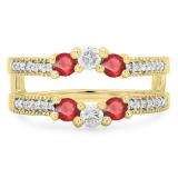 0.80 Carat (ctw) 14K Yellow Gold Round Cut Ruby & White Diamond Ladies Anniversary Wedding Band 3 Stone Enhancer Guard Double Ring 3/4 CT