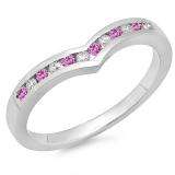 0.25 Carat (ctw) 10K White Gold Round Pink Sapphire & White Diamond Ladies Anniversary Wedding Stackable Band Guard Chevron Ring 1/4 CT