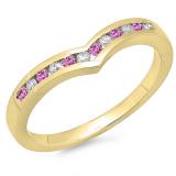 0.25 Carat (ctw) 10K Yellow Gold Round Pink Sapphire & White Diamond Ladies Anniversary Wedding Stackable Band Guard Chevron Ring 1/4 CT