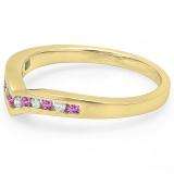 0.25 Carat (ctw) 10K Yellow Gold Round Pink Sapphire & White Diamond Ladies Anniversary Wedding Stackable Band Guard Chevron Ring 1/4 CT