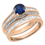 1.25 ctw Round & Baguette Cut Blue Sapphire & White Diamond Vintage Engagement Ring Set for Her in 10K Rose Gold