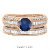 1.25 ctw Round & Baguette Cut Blue Sapphire & White Diamond Vintage Engagement Ring Set for Her in 10K Rose Gold