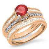 1.25 Carat (ctw) 10K Rose Gold Round & Baguette Cut Ruby & White Diamond Ladies Vintage Bridal Engagement Ring Set 1 1/4 CT