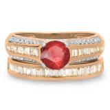 1.25 Carat (ctw) 10K Rose Gold Round & Baguette Cut Ruby & White Diamond Ladies Vintage Bridal Engagement Ring Set 1 1/4 CT
