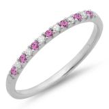 0.15 Carat (ctw) 10k White Gold Round Pink Sapphire & White Diamond Ladies Anniversary Wedding Band Stackable Ring