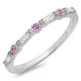 0.25 Carat (ctw) 18K White Gold Round & Baguette Cut Pink Sapphire & White Diamond Ladies Milgrain Anniversary Wedding Band 1/4 CT