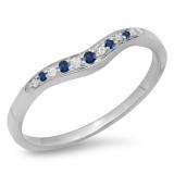 0.11 Carat (ctw) 14K White Gold Round Cut Blue Sapphire & White Diamond Ladies Anniversary Wedding Stackable Contour Guard Band