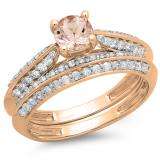 1.00 Carat (ctw) 14K Rose Gold Round Morganite & White Diamond Ladies Bridal Engagement Ring With Matching Band Set 1 CT