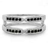 0.35 Carat (ctw) 14K White Gold Round Cut Black Diamond Ladies Milgrain Anniversary Wedding Band Guard Double Ring 1/3 CT