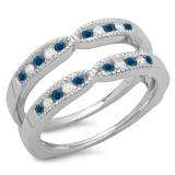 0.35 Carat (ctw) 10K White Gold Round Cut Blue & White Diamond Ladies Milgrain Anniversary Wedding Band Guard Double Ring 1/3 CT