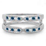 0.35 Carat (ctw) 10K White Gold Round Cut Blue & White Diamond Ladies Milgrain Anniversary Wedding Band Guard Double Ring 1/3 CT