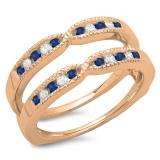 0.35 Carat (ctw) 10K Rose Gold Round Cut Blue Sapphire & White Diamond Ladies Milgrain Anniversary Wedding Band Guard Double Ring 1/3 CT