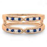 0.35 Carat (ctw) 10K Rose Gold Round Cut Blue Sapphire & White Diamond Ladies Milgrain Anniversary Wedding Band Guard Double Ring 1/3 CT