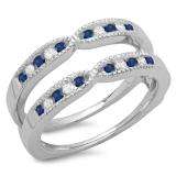 0.35 Carat (ctw) 10K White Gold Round Cut Blue Sapphire & White Diamond Ladies Milgrain Anniversary Wedding Band Guard Double Ring 1/3 CT