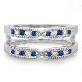 0.35 Carat (ctw) 10K White Gold Round Cut Blue Sapphire & White Diamond Ladies Milgrain Anniversary Wedding Band Guard Double Ring 1/3 CT