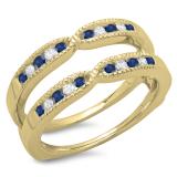 0.35 Carat (ctw) 10K Yellow Gold Round Cut Blue Sapphire & White Diamond Ladies Milgrain Anniversary Wedding Band Guard Double Ring 1/3 CT