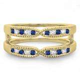 0.35 Carat (ctw) 10K Yellow Gold Round Cut Blue Sapphire & White Diamond Ladies Milgrain Anniversary Wedding Band Guard Double Ring 1/3 CT