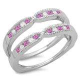 0.35 Carat (ctw) 10K White Gold Round Cut Pink Sapphire & White Diamond Ladies Milgrain Anniversary Wedding Band Guard Double Ring 1/3 CT
