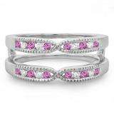 0.35 Carat (ctw) 10K White Gold Round Cut Pink Sapphire & White Diamond Ladies Milgrain Anniversary Wedding Band Guard Double Ring 1/3 CT