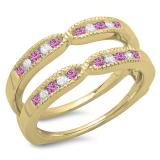 0.35 Carat (ctw) 10K Yellow Gold Round Cut Pink Sapphire & White Diamond Ladies Milgrain Anniversary Wedding Band Guard Double Ring 1/3 CT