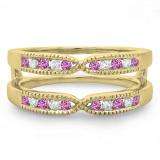 0.35 Carat (ctw) 10K Yellow Gold Round Cut Pink Sapphire & White Diamond Ladies Milgrain Anniversary Wedding Band Guard Double Ring 1/3 CT