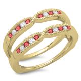 0.35 Carat (ctw) 10K Yellow Gold Round Cut Ruby & White Diamond Ladies Milgrain Anniversary Wedding Band Guard Double Ring 1/3 CT