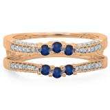 0.50 Carat (ctw) 14K Rose Gold Round Cut Blue Sapphire & White Diamond Ladies Anniversary Wedding Band Enhancer Guard Double Ring 1/2 CT