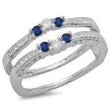 0.50 Carat (ctw) 14K White Gold Round Cut Blue Sapphire & White Diamond Ladies Anniversary Wedding Band Enhancer Guard Double Ring 1/2 CT