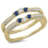 0.50 Carat (ctw) 14K Yellow Gold Round Cut Blue Sapphire & White Diamond Ladies Anniversary Wedding Band Enhancer Guard Double Ring 1/2 CT