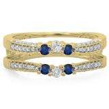 0.50 Carat (ctw) 14K Yellow Gold Round Cut Blue Sapphire & White Diamond Ladies Anniversary Wedding Band Enhancer Guard Double Ring 1/2 CT