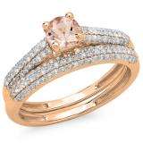 1.00 Carat (ctw) 14K Rose Gold Round Morganite & Diamond Ladies Engagement Ring With Matching Band Set 1 CT