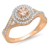 0.60 Carat (ctw) 10K Rose Gold Round Cut Morganite & White Diamond Ladies Crossover Swirl Bridal Halo Engagement Ring