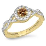 0.90 Carat (ctw) 10K Yellow Gold Round Champagne & White Diamond Ladies Swirl Split Shank Bridal Halo Engagement Ring