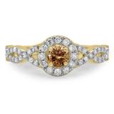 0.90 Carat (ctw) 10K Yellow Gold Round Champagne & White Diamond Ladies Swirl Split Shank Bridal Halo Engagement Ring