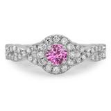 0.90 Carat (ctw) 10K White Gold Round Pink Sapphire & White Diamond Ladies Swirl Split Shank Bridal Halo Engagement Ring