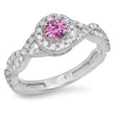 0.90 Carat (ctw) 14K White Gold Round Pink Sapphire & White Diamond Ladies Swirl Split Shank Bridal Halo Engagement Ring