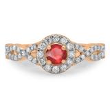 0.90 Carat (ctw) 18K Rose Gold Round Ruby & White Diamond Ladies Swirl Split Shank Bridal Halo Engagement Ring
