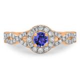 0.90 Carat (ctw) 10K Rose Gold Round Tanzanite & White Diamond Ladies Swirl Split Shank Bridal Halo Engagement Ring