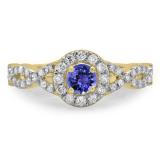 0.90 Carat (ctw) 10K Yellow Gold Round Tanzanite & White Diamond Ladies Swirl Split Shank Bridal Halo Engagement Ring