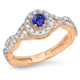 0.90 Carat (ctw) 14K Rose Gold Round Tanzanite & White Diamond Ladies Swirl Split Shank Bridal Halo Engagement Ring