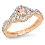 0.90 Carat (ctw) 10K Rose Gold Round Morganite & White Diamond Ladies Swirl Split Shank Bridal Halo Engagement Ring