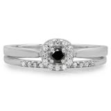 0.30 Carat (ctw) 10K White Gold Round Cut Black & White Diamond Ladies Bridal Halo Engagement Ring With Matching Band Set 1/3 CT
