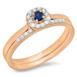 0.30 Carat (ctw) 10K Rose Gold Round Blue Sapphire & White Diamond Ladies Bridal Halo Engagement Ring With Matching Band Set 1/3 CT