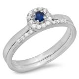0.30 Carat (ctw) 10K White Gold Round Blue Sapphire & White Diamond Ladies Bridal Halo Engagement Ring With Matching Band Set 1/3 CT
