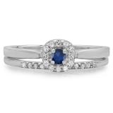 0.30 Carat (ctw) 10K White Gold Round Blue Sapphire & White Diamond Ladies Bridal Halo Engagement Ring With Matching Band Set 1/3 CT